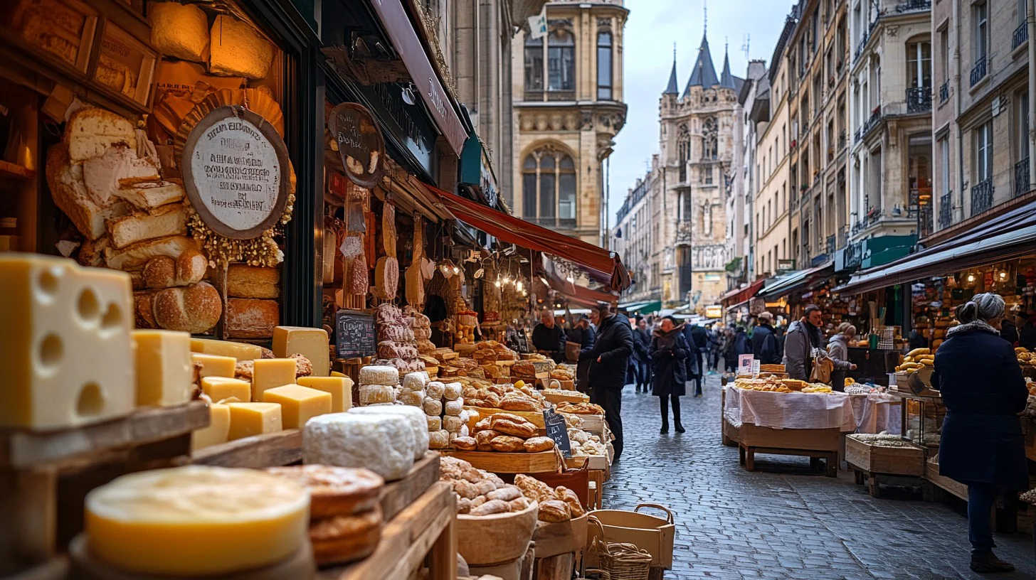 A bustling European market street with artisan stalls and cobblestone paths