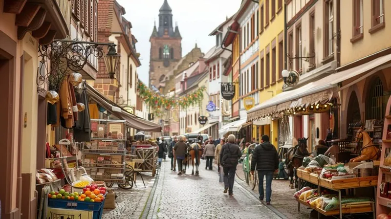 A bustling European street scene with warm light and cobblestone charm